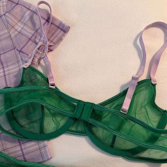 Sheer Mesh Unlined Green + Purple Women's Intimate 3 Piece Set 34B Small 3
