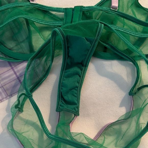 Sheer Mesh Unlined Green + Purple Women's Intimate 3 Piece Set 34B Small 4