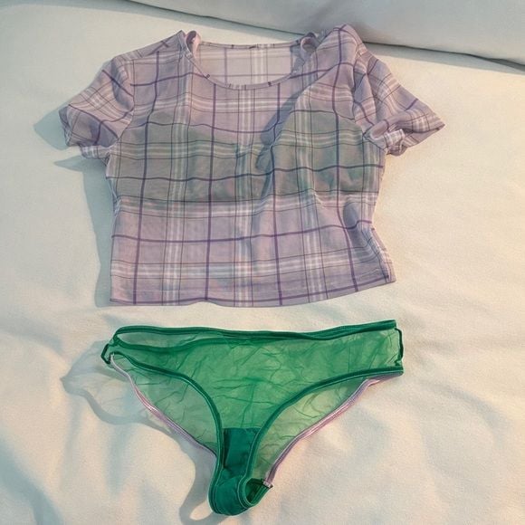 Sheer Mesh Unlined Green + Purple Women's Intimate 3 Piece Set 34B Small 5