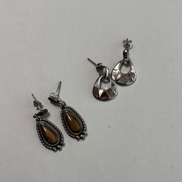 Sterling Silver Mother of Pearl and Brownstone Teardrop Earrings Bundle of 2 1