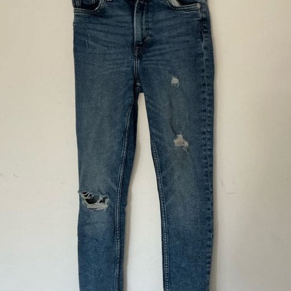 H&M High Waist Skinny Jeans Distressed Blue Denim Size 4 / EU 36
