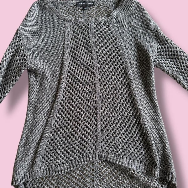 Rock & Republic Grey Metallic Open Knit Chain Sleeve Sweater