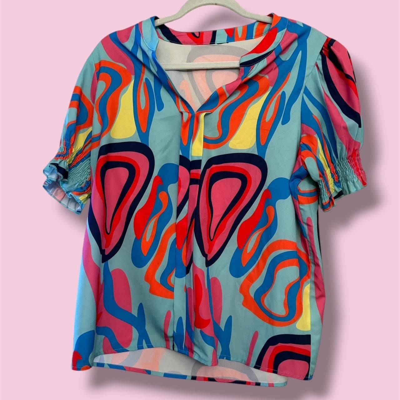 Multicolor Neon Abstract Print Smocked Puff Sleeve Blouse 2