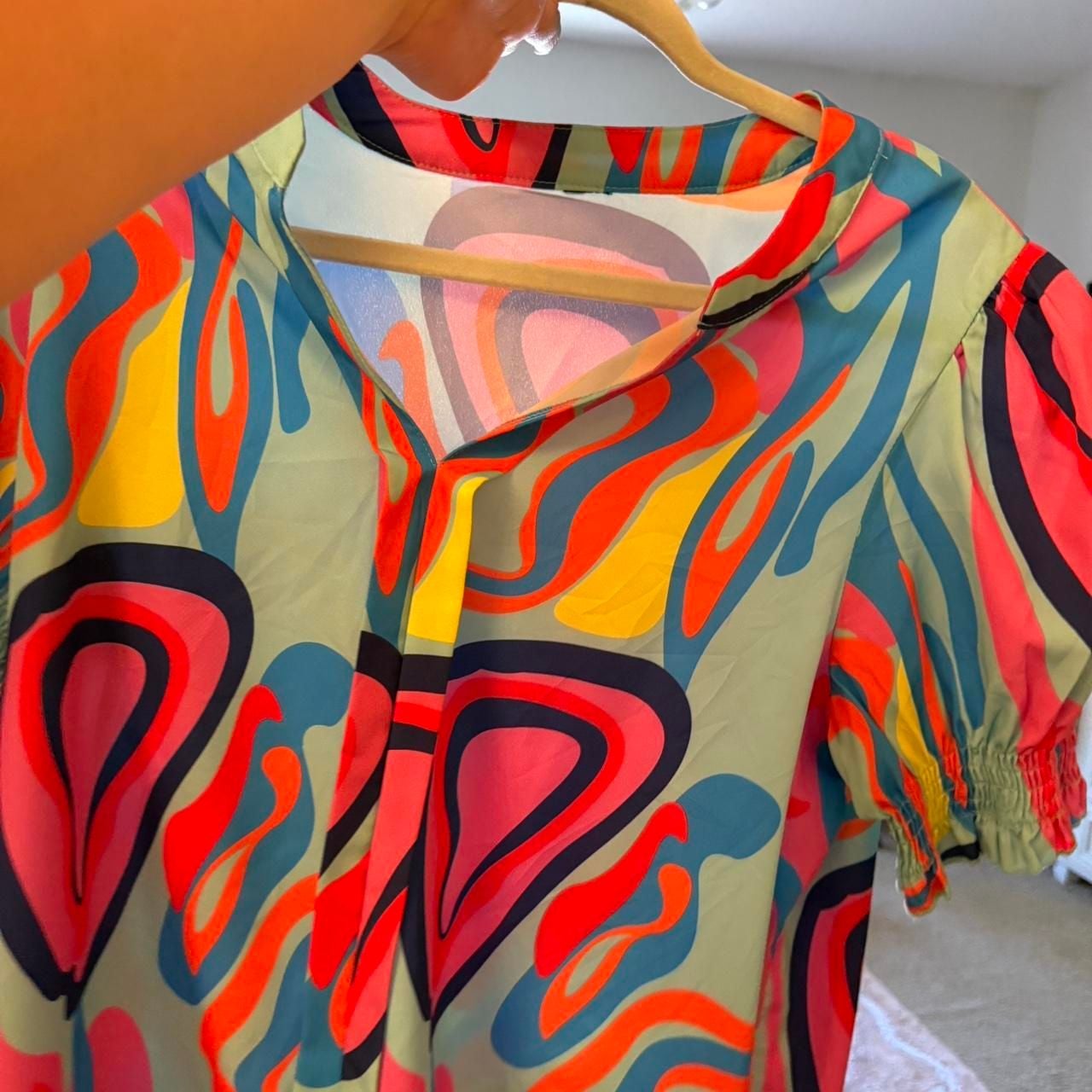 Multicolor Neon Abstract Print Smocked Puff Sleeve Blouse 3