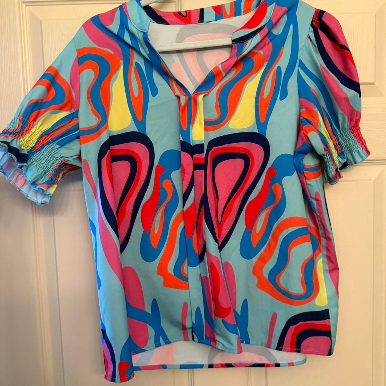 Multicolor Neon Abstract Print Smocked Puff Sleeve Blouse 5