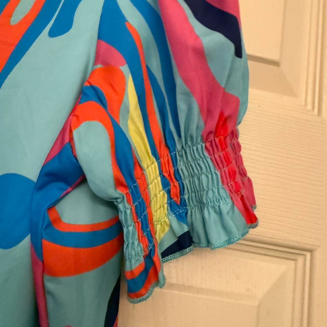 Multicolor Neon Abstract Print Smocked Puff Sleeve Blouse 6