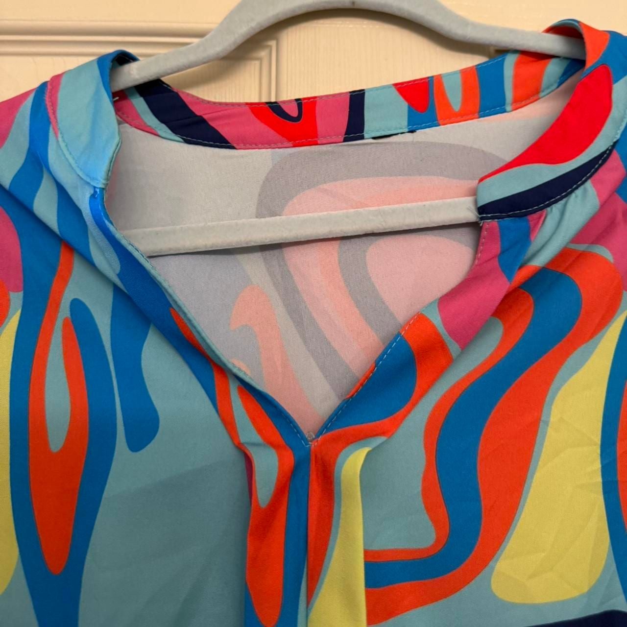 Multicolor Neon Abstract Print Smocked Puff Sleeve Blouse 7