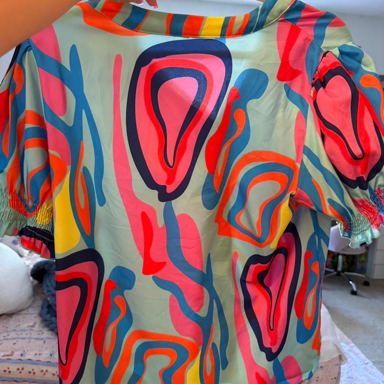 Multicolor Neon Abstract Print Smocked Puff Sleeve Blouse 8