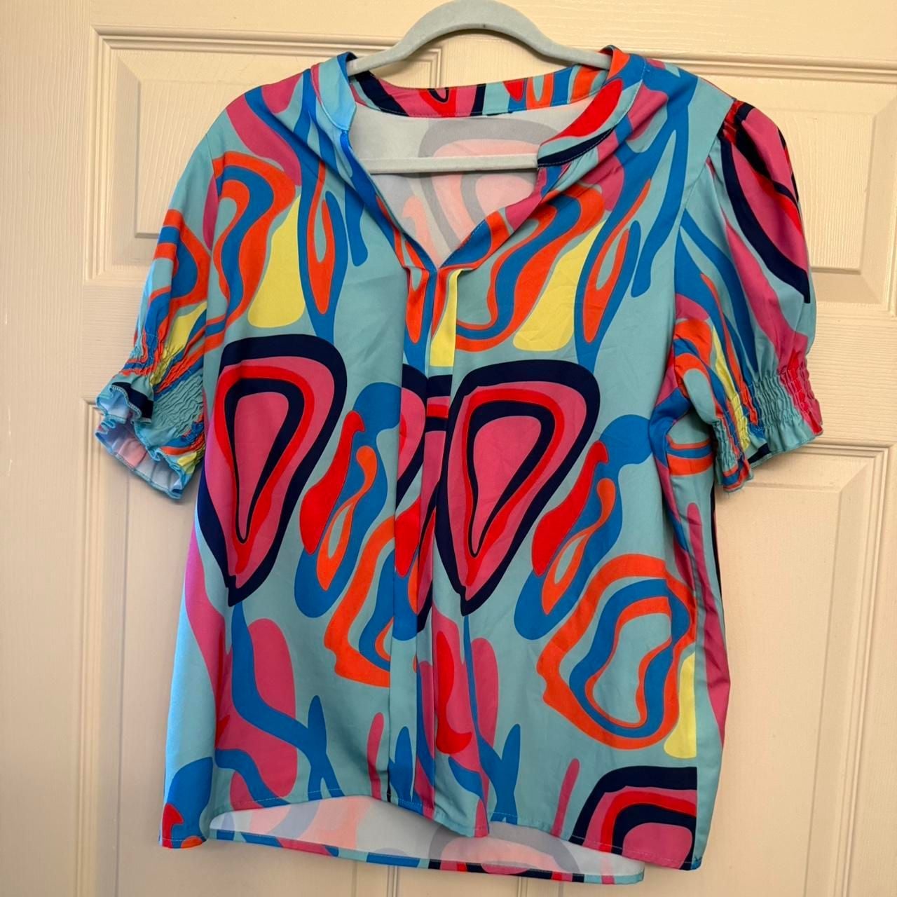 Multicolor Neon Abstract Print Smocked Puff Sleeve Blouse 9