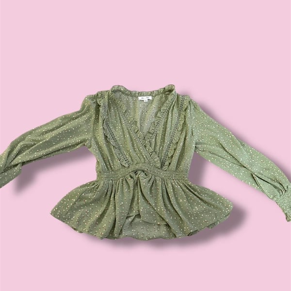 She + Sky Sage Green Speckled Peplum Ruffle Blouse