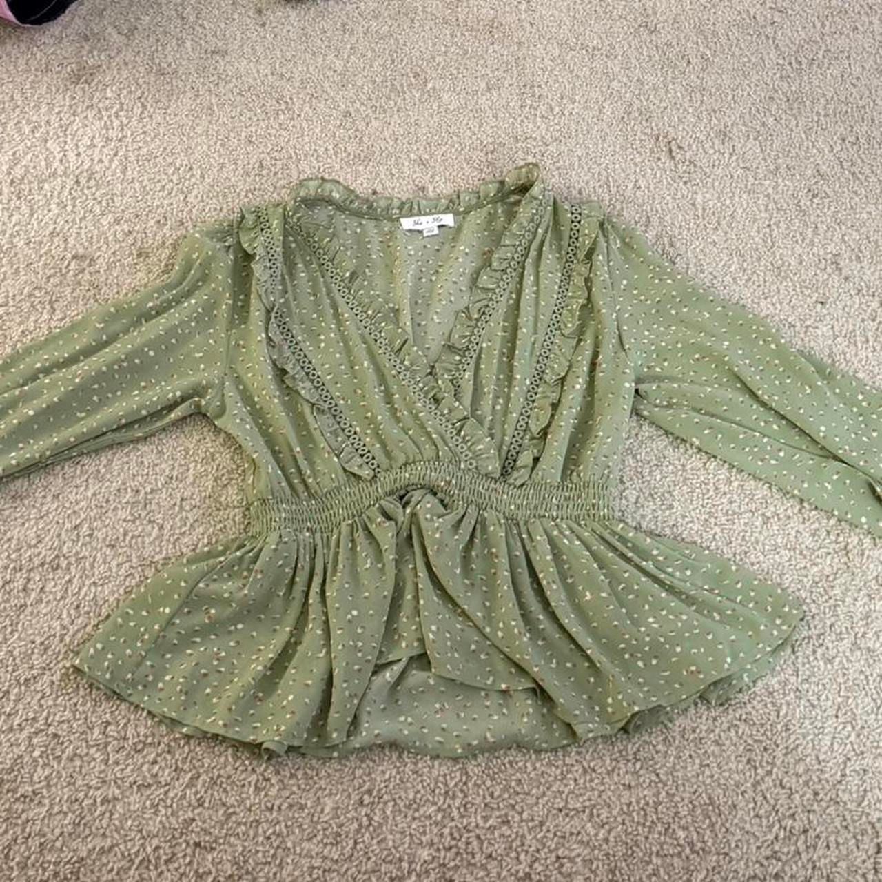 She + Sky Sage Green Speckled Peplum Ruffle Blouse 4