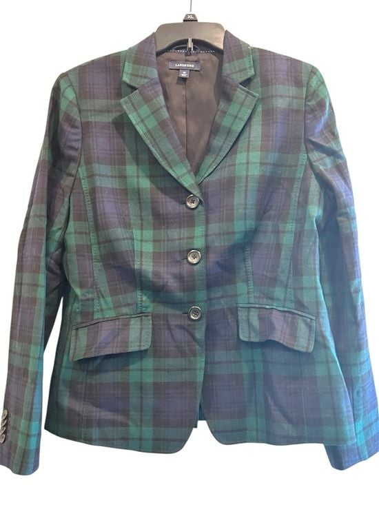 Lands’ End Women’s Black Watch Plaid Wool Blazer Size 12 2