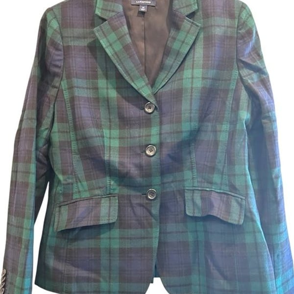 Lands’ End Women’s Black Watch Plaid Wool Blazer Size 12