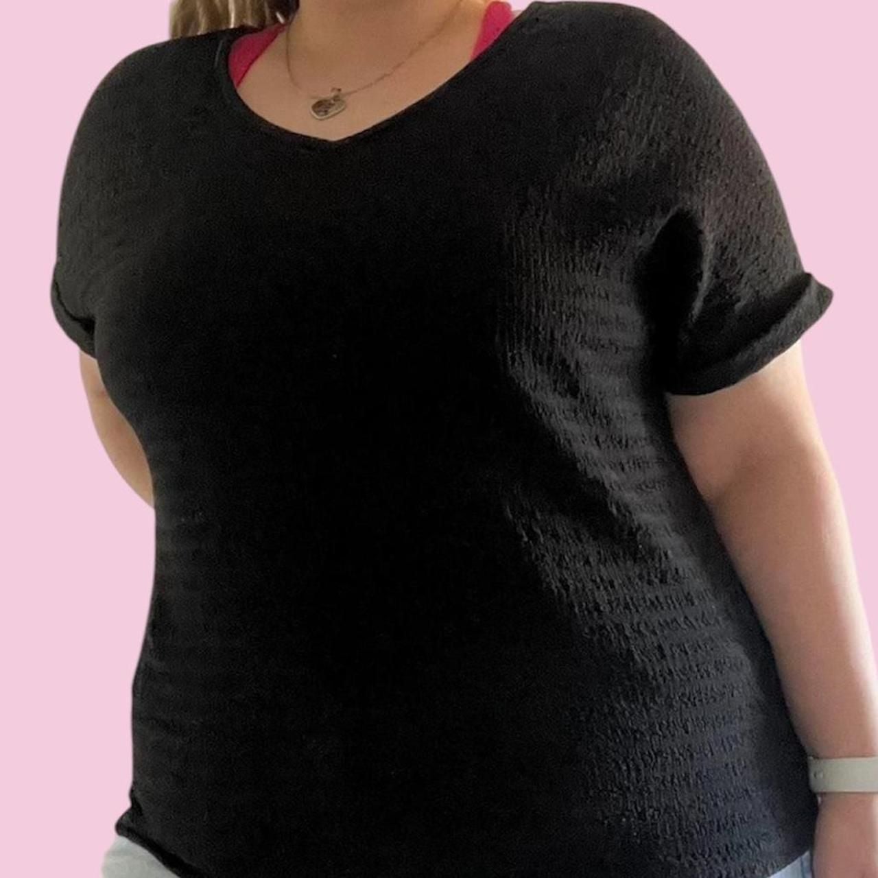 Black V-Neck Textured Short Sleeve Blouse 1
