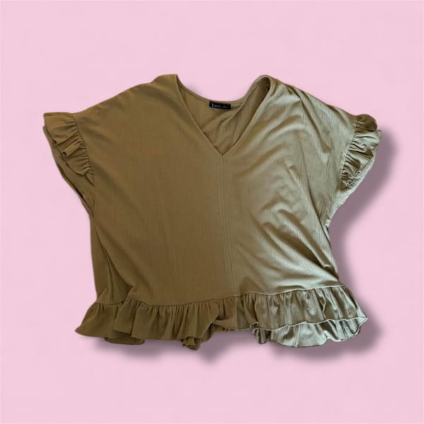 Very J Olive Green Ribbed Ruffle V-Neck Top