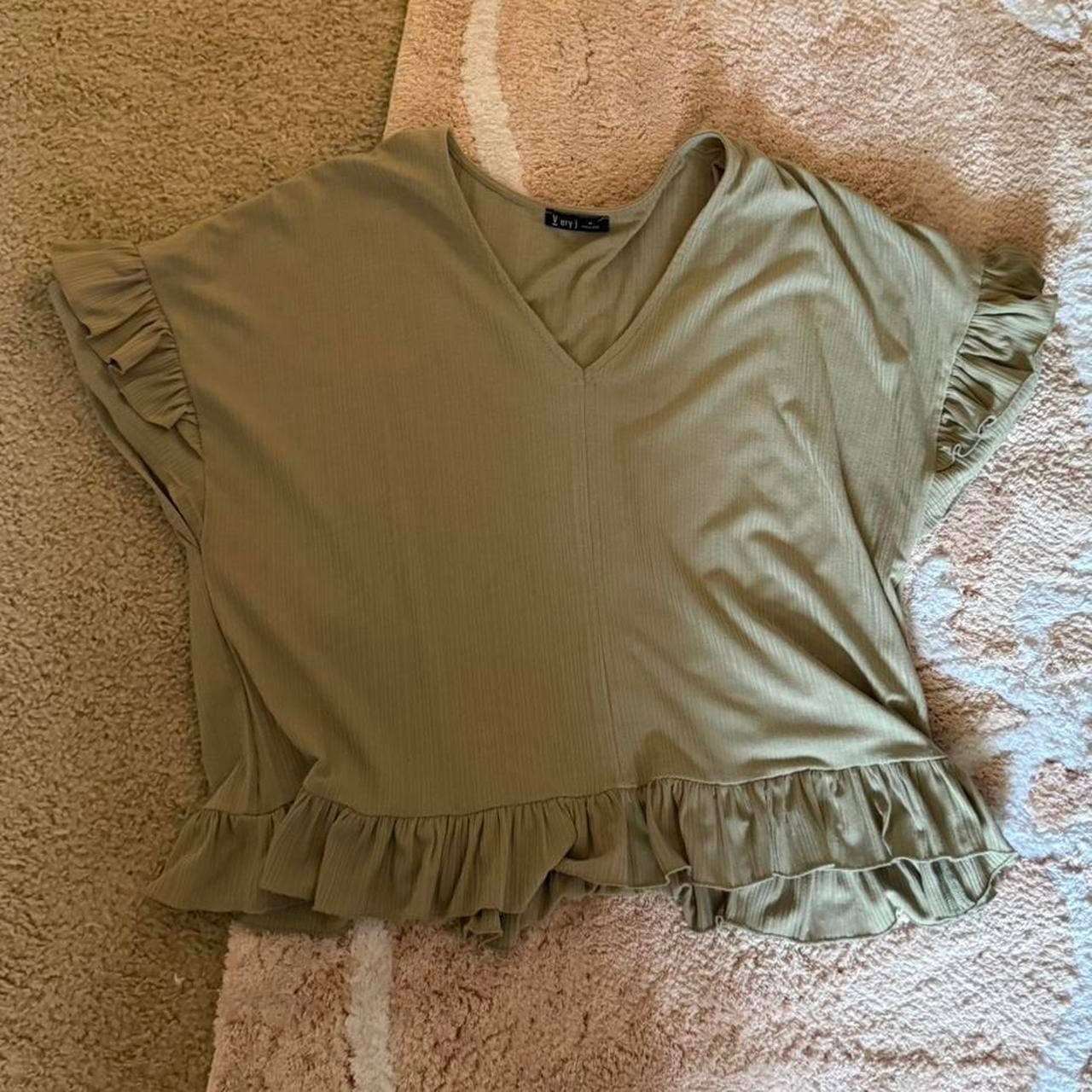 Very J Olive Green Ribbed Ruffle V-Neck Top 2