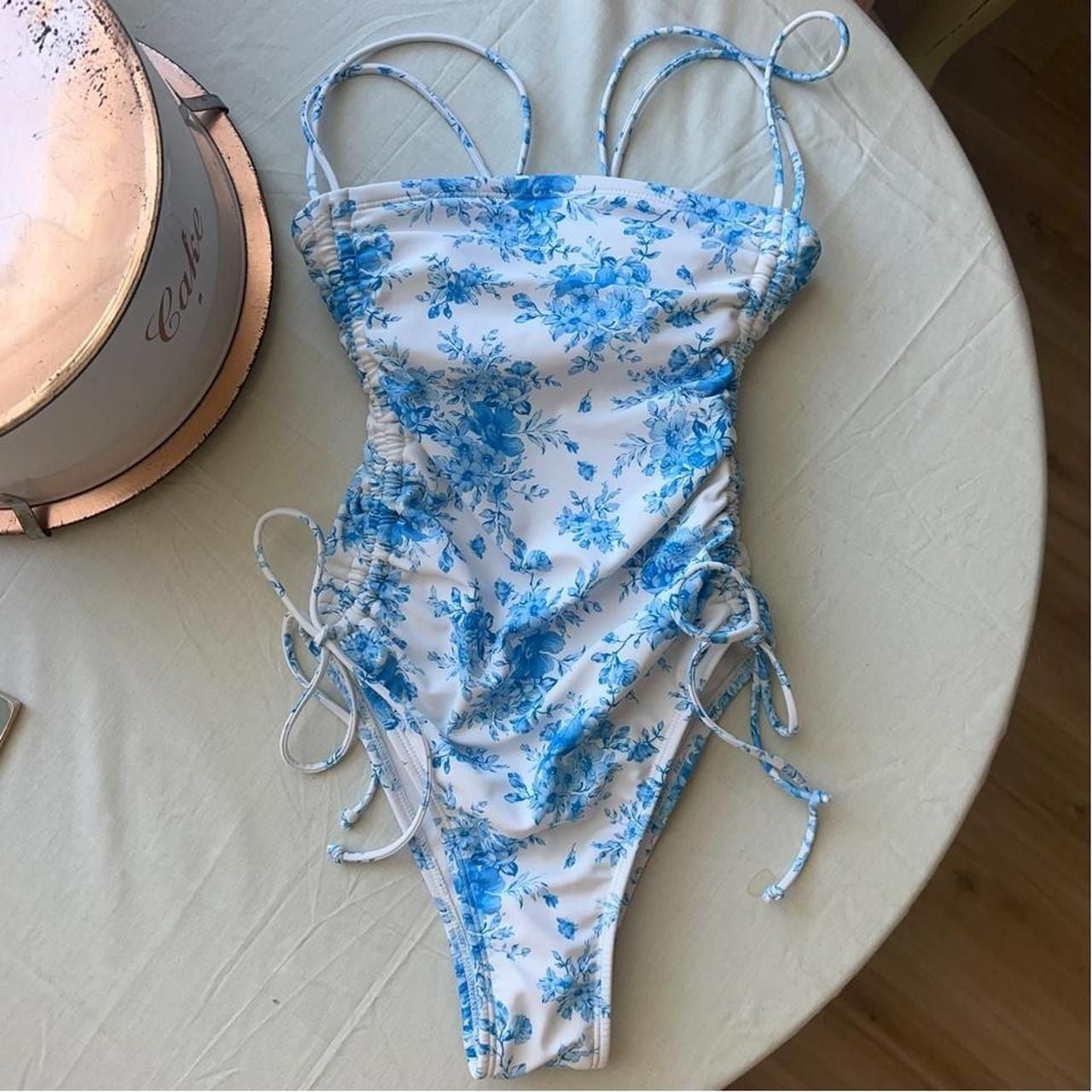 Wild Fable Blue Floral Ruched Side Tie One Piece Swimsuit 2