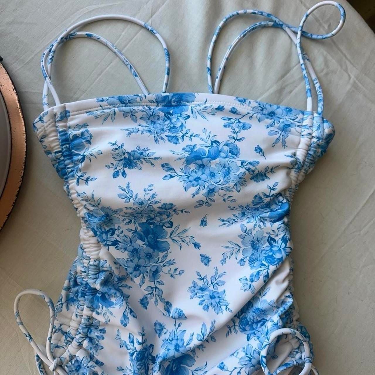 Wild Fable Blue Floral Ruched Side Tie One Piece Swimsuit 3