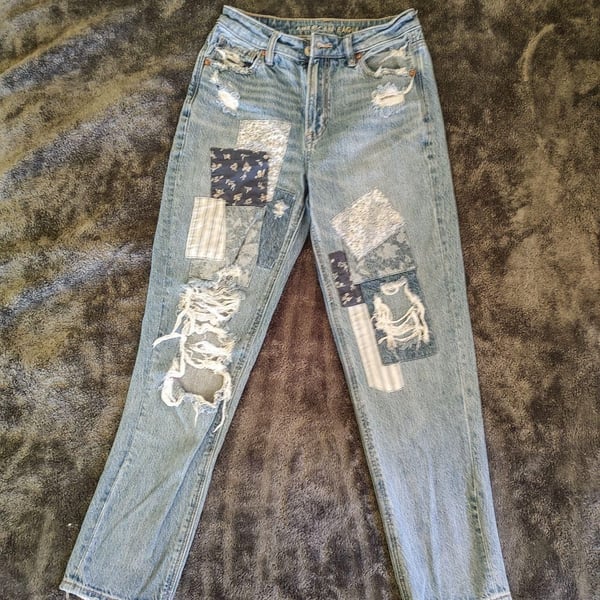 American Eagle Upcycled Patchwork Distressed Mom Jeans