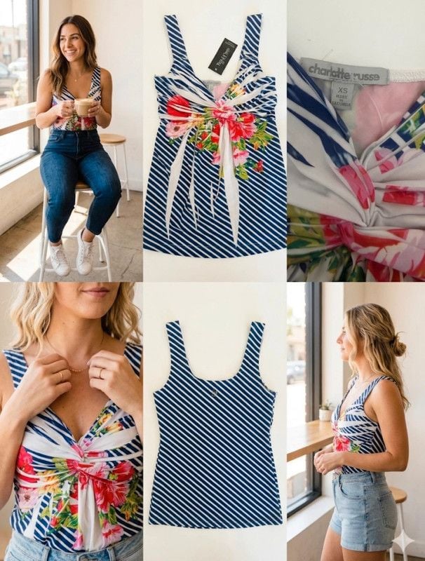 Charlotte Russe Floral & Stripe Twist-Front Tank Top - Size XS 2