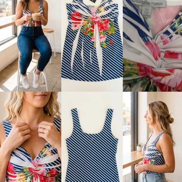 Charlotte Russe Floral & Stripe Twist-Front Tank Top - Size XS