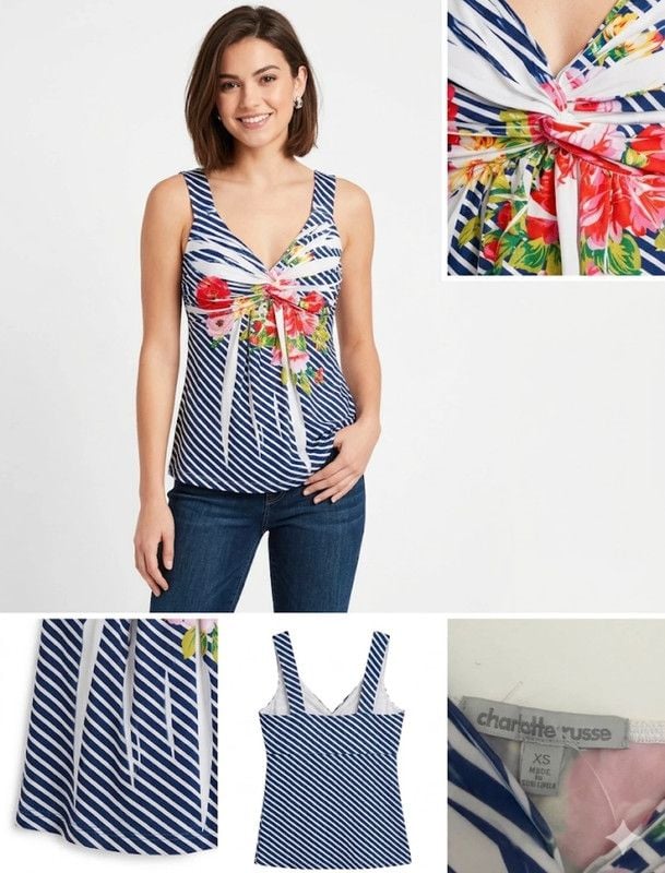Charlotte Russe Floral & Stripe Twist-Front Tank Top - Size XS 3