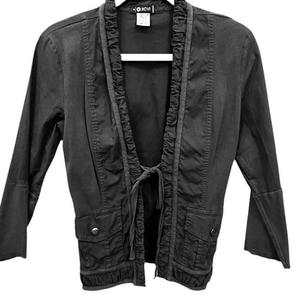 XCVI Brown Ruffle-Trim Tie-Front Jacket Size S in Dark Gray