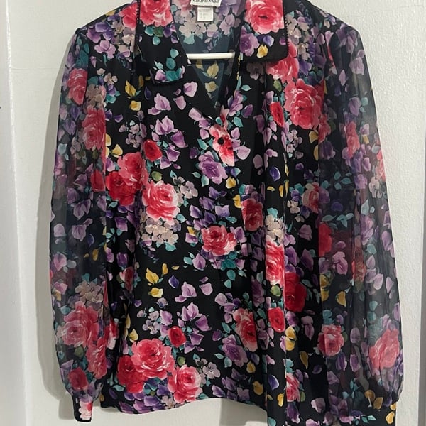 Sz 16 Vintage blouse Sheer 80s/90s Floral Print by  Leslie Fay Plus size