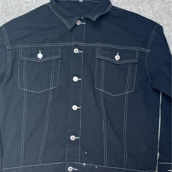 Black Super T Style Denim Trucker Jacket with White Contrast Stitching