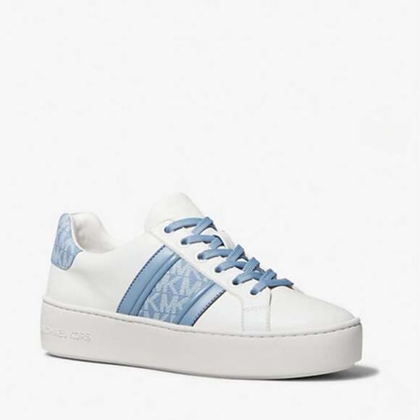 Michael Kors Poppy Leather & Logo Stripe Sneaker,White/Blue,Size 5.5