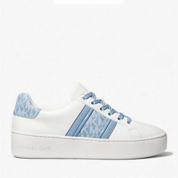 Michael Kors Poppy Leather & Logo Stripe Sneaker,White/Blue,Size 5.5 3