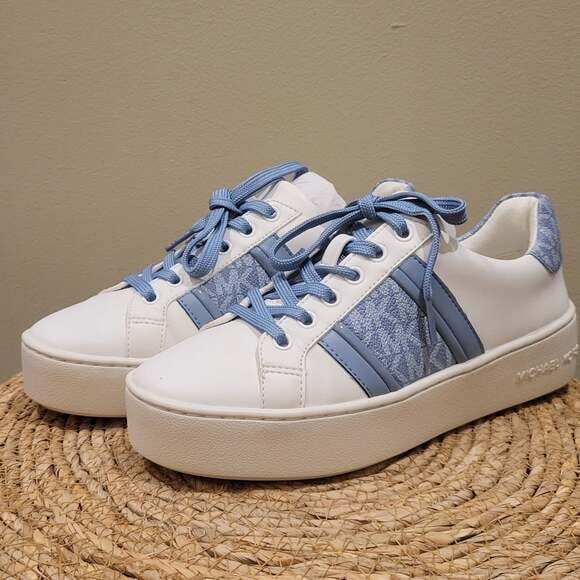 Michael Kors Poppy Leather & Logo Stripe Sneaker,White/Blue,Size 5.5 4