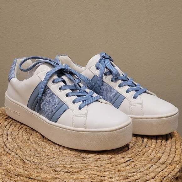 Michael Kors Poppy Leather & Logo Stripe Sneaker,White/Blue,Size 5.5 5