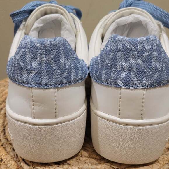 Michael Kors Poppy Leather & Logo Stripe Sneaker,White/Blue,Size 5.5 6