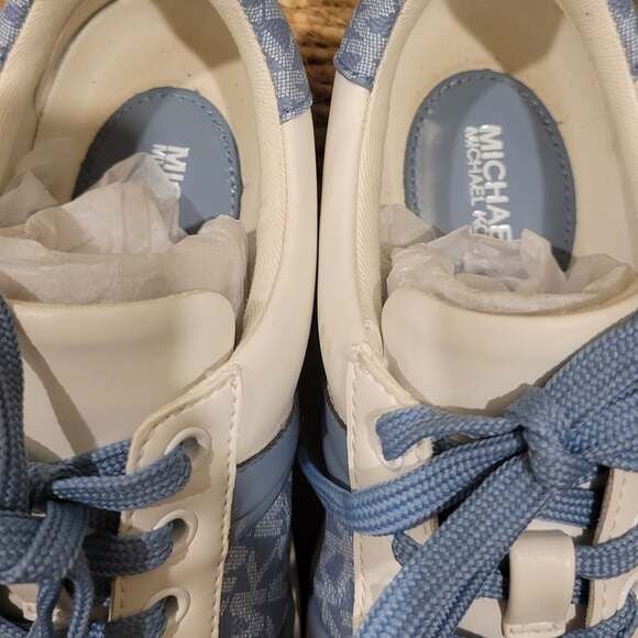 Michael Kors Poppy Leather & Logo Stripe Sneaker,White/Blue,Size 5.5 7