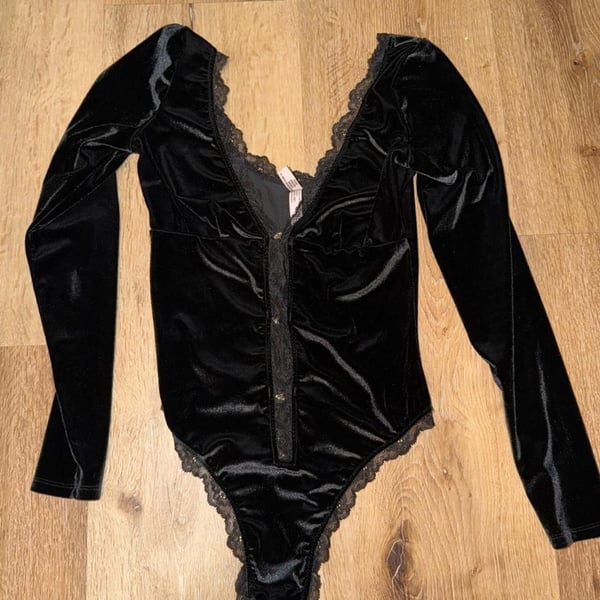 Victoria's Secret Black Velvet Lace Trim Bodysuit