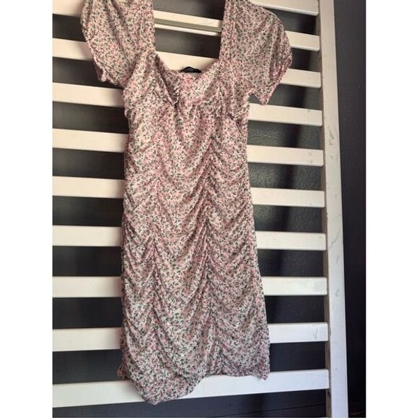 Women's Pink Floral Midi Dress with Puff Sleeves