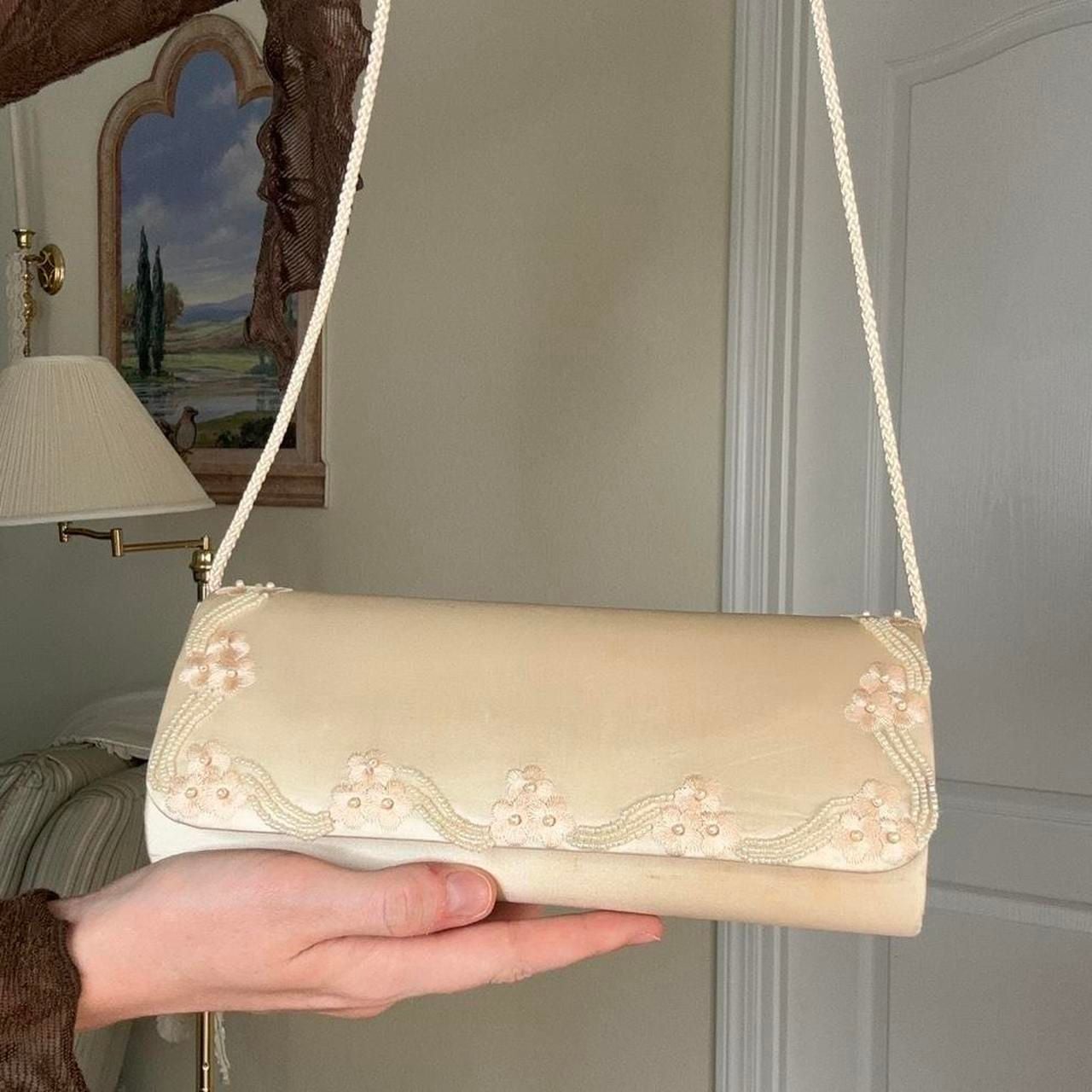 Vintage La Regale Cream Satin Floral Embroidered Crossbody Bag 3