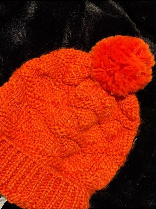 Orange Knit Pom Beanie Hat 1