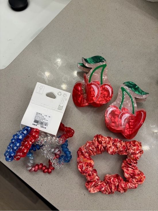 Cherry Acrylic Hair Claw + Red Marble Scrunchie & Assorted Coil Hair Ties 1