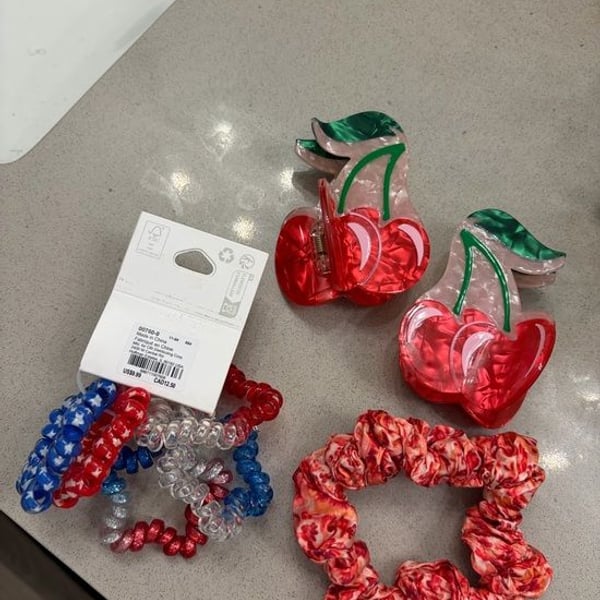 Cherry Acrylic Hair Claw + Red Marble Scrunchie & Assorted Coil Hair Ties