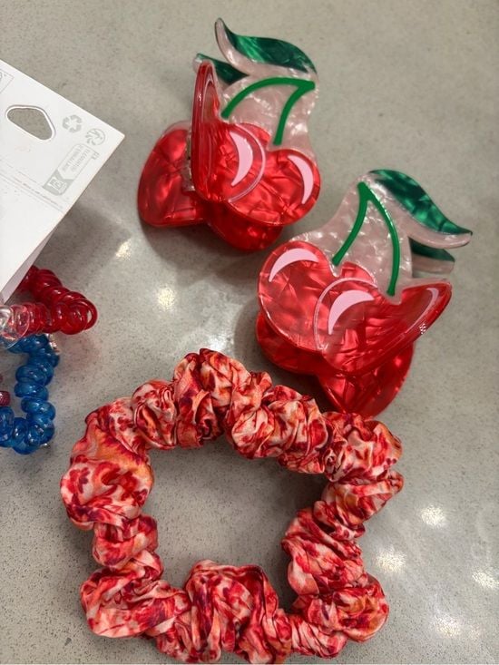 Cherry Acrylic Hair Claw + Red Marble Scrunchie & Assorted Coil Hair Ties 3
