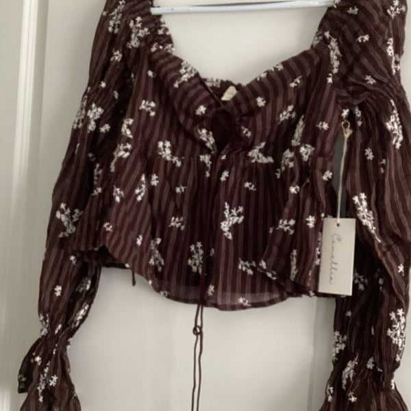 Camellia Smocked Brown Floral Long-Sleeve Blouse with Tie Front - NWT - Size S