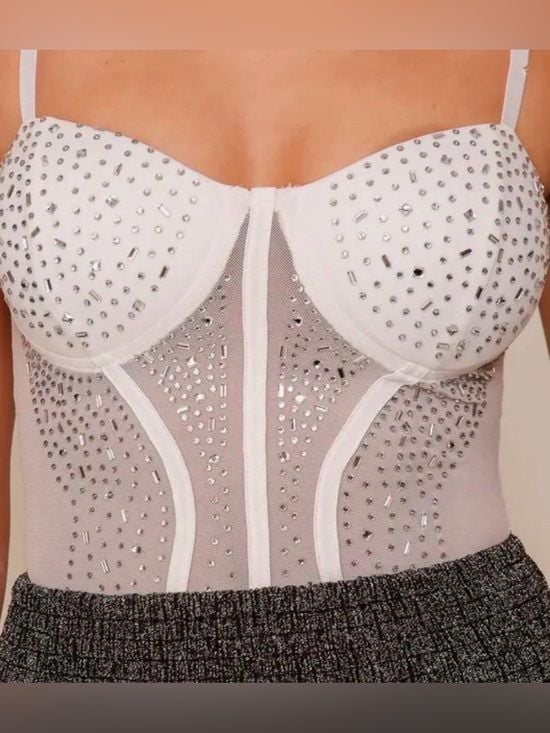 Timing White Sheer Bodysuit with Silver Studs - NWT - Size L 1