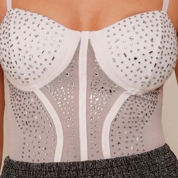 Timing White Sheer Bodysuit with Silver Studs - NWT - Size L