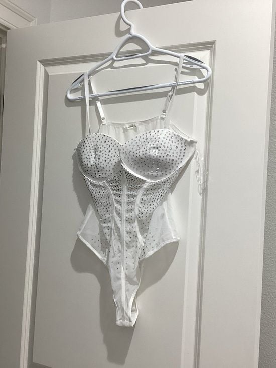Timing White Sheer Bodysuit with Silver Studs - NWT - Size L 2
