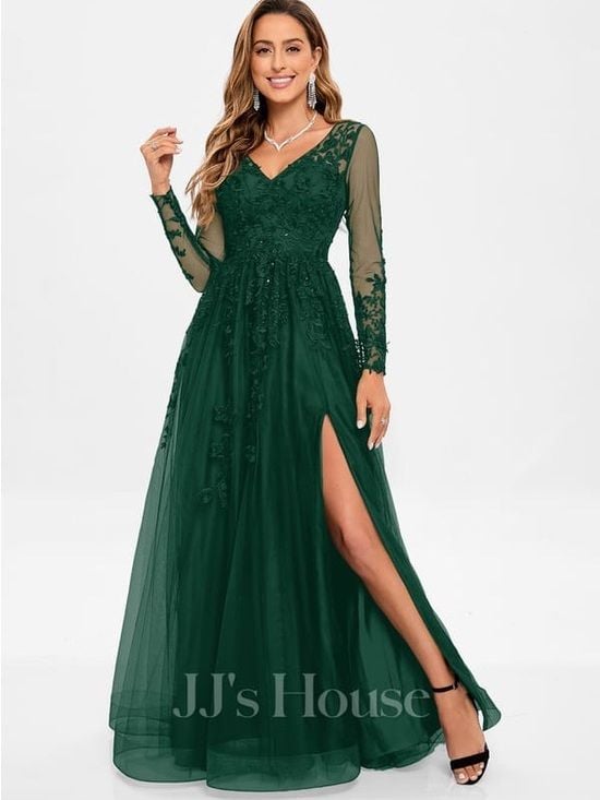 JJs House Dark Green Long Sleeve V-Neck Lace Evening Dress 2