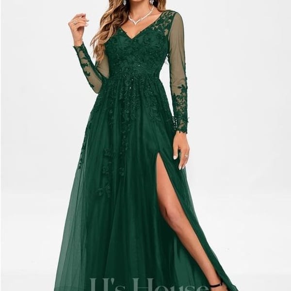 JJs House Dark Green Long Sleeve V-Neck Lace Evening Dress
