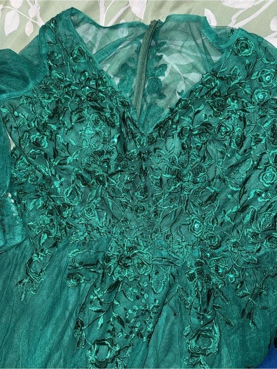 JJs House Dark Green Long Sleeve V-Neck Lace Evening Dress 4