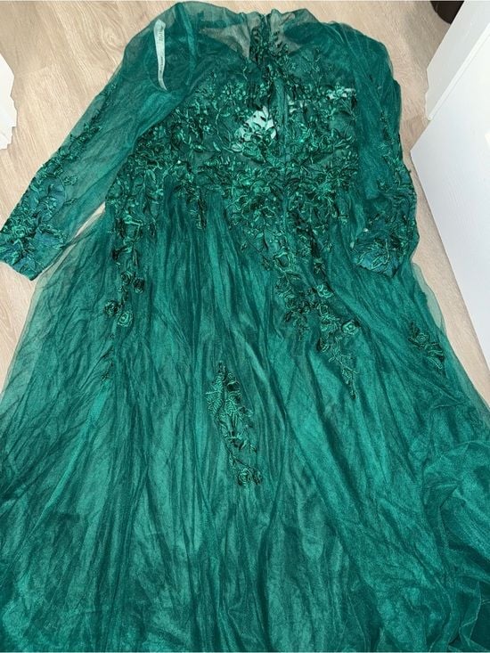 JJs House Dark Green Long Sleeve V-Neck Lace Evening Dress 5